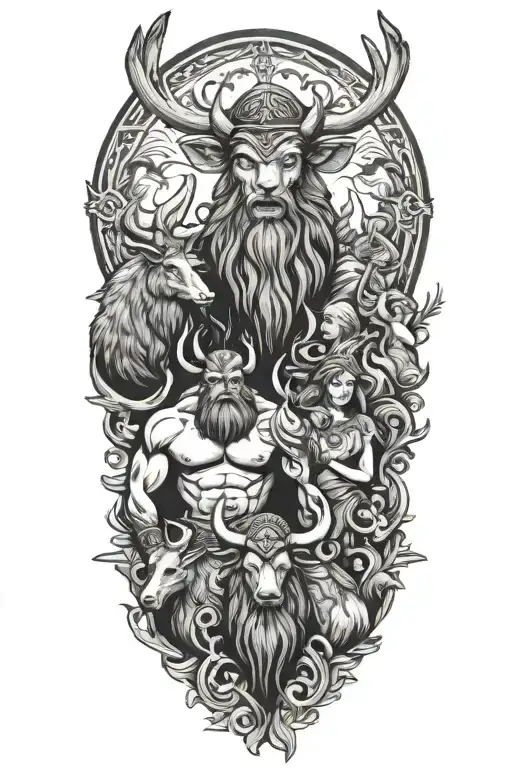 Muscular Stag Standing Next To Human Viking Family