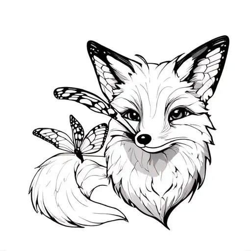 Fox Playing With A Butterfly Line Art Minimalist