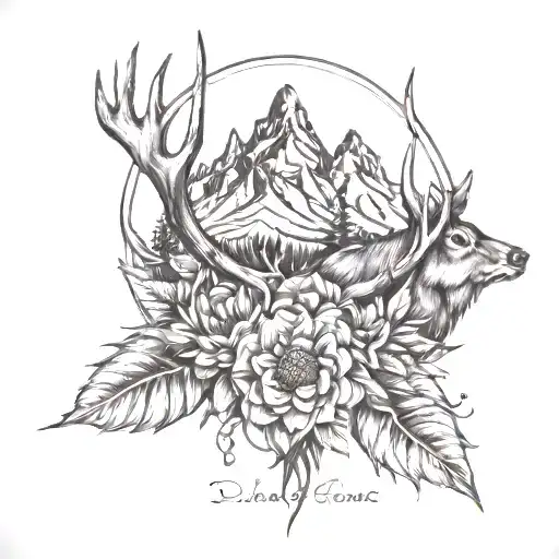 Mountain Range With Deer Antlers And Sunflower