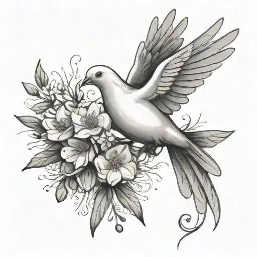 Dove Carrying Olive Branch With Flowers And Sun