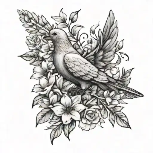 Dove Carrying Olive Branch Surrounded By Flowers