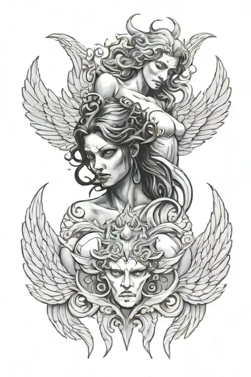 Angel And Demon With Wings In Half