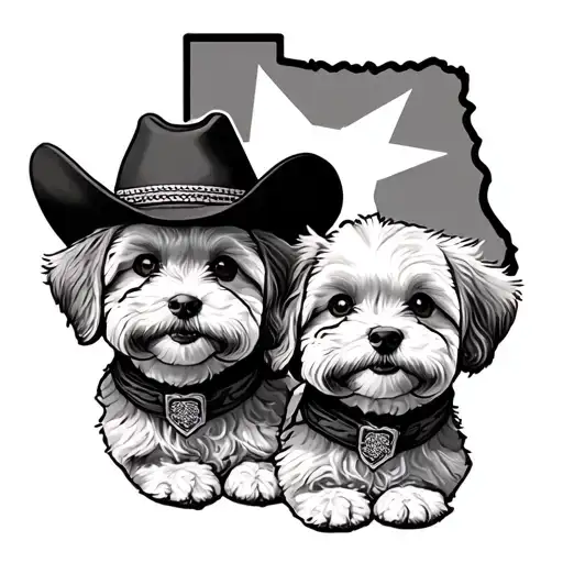 Two Maltipoo Dogs With Cowboy Hat Inside Texas State With Lone Star