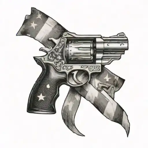 An Intricate Black And Grey Tattoo Of A Revolver Wrapped In An American Flag Banner