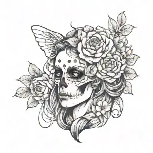 Women Half Alive Half Skull With Flowers In Her Hair And A Pomegranate