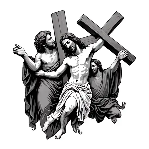 Tattoo Of Jesus And 2 Others Carrying One Cross