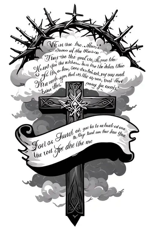 Bible Verse Written With Clouds And A Cross With A Crown Of Thorns On Top