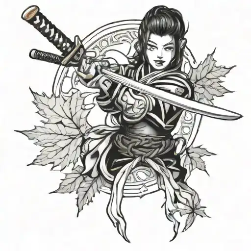 Katana And Maple Leaves Intertwined