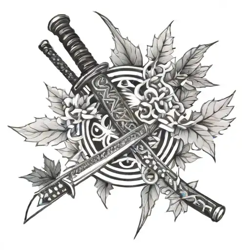 Katana And Maple Leaves Intertwined Within