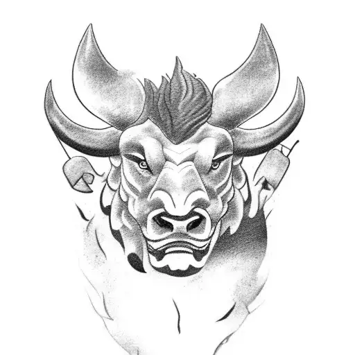 A Black-grey Tattoo Of A Roaring Bull With The Phrase 'Never Give Up' Incorporated Into The Design