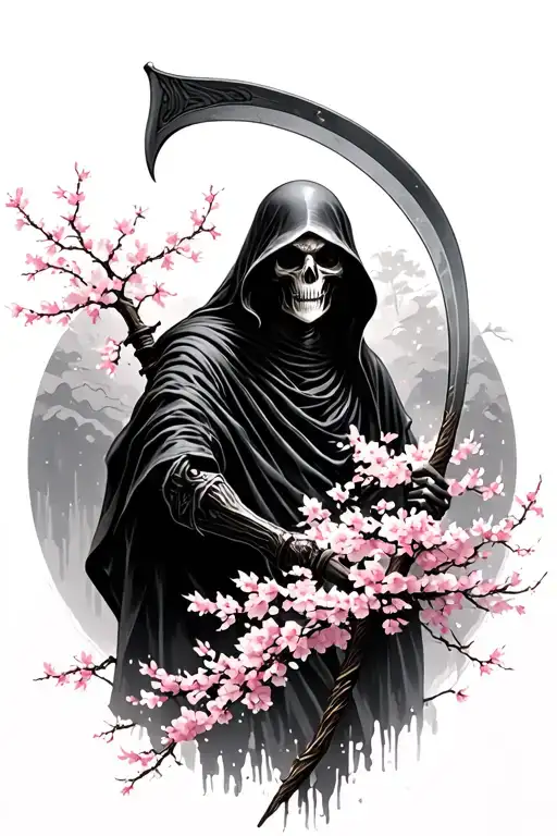 Grim Reaper Holding A Scythe Transitioning Into A Cherry Blossom Tree