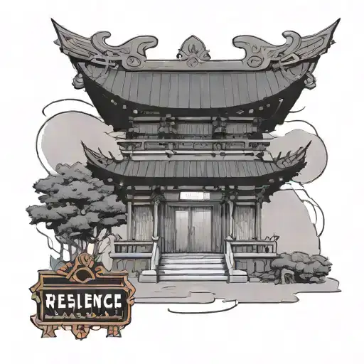 Japanesse Temple With A Sign In Neon Lights With The Word Resilence