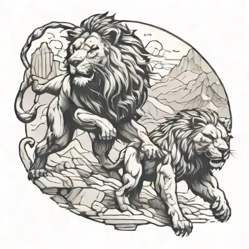 A Powerful Image Of A Lion And Bear Playing Various Sports With A Backdrop Of Mountains