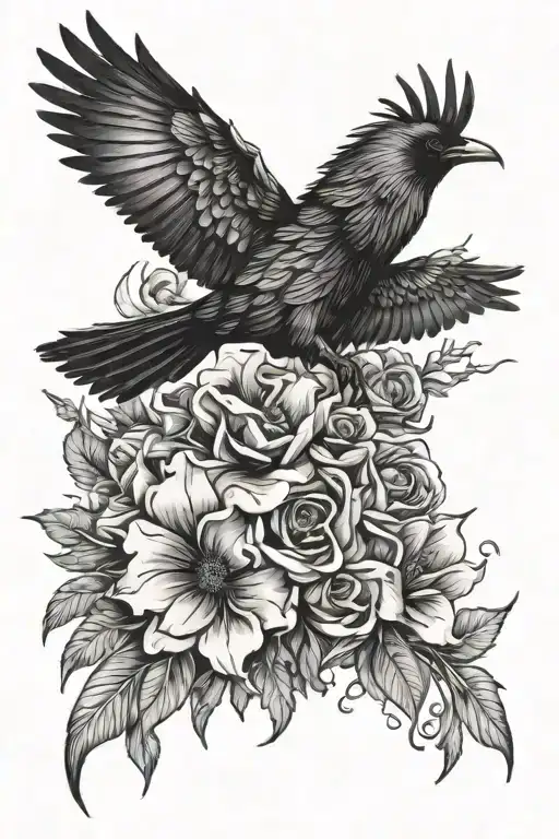 Flowers Around Raven Flying