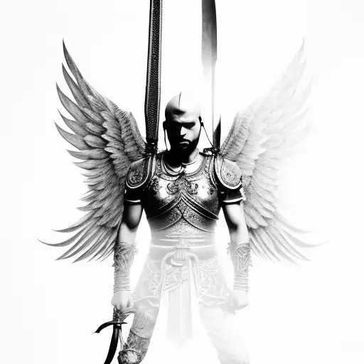 Warrior With Wings And Sword Stay On The Knee And Looking In The Ground