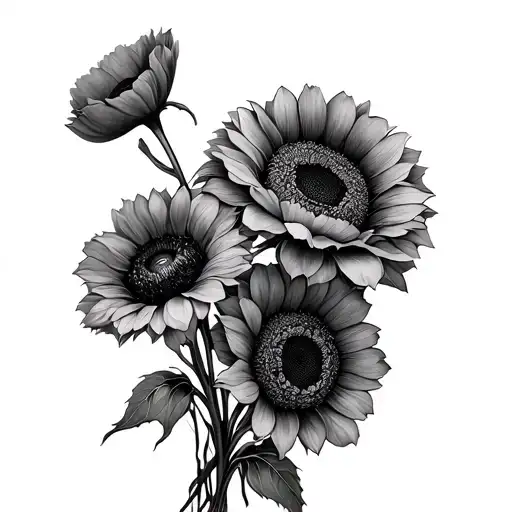 Sunflower And Poppys In Bouqet Tied