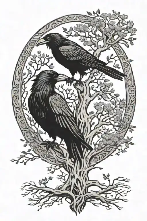 Two Ravens And The Yggdrasil Tree
