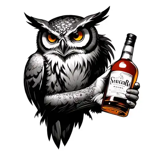 Owl Capturing Dead Demon Holding Liquor Bottle