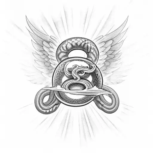 Guardian Angel In Clouds With Sun Rays Shining Through With Snakes Wrapped Around His Neck