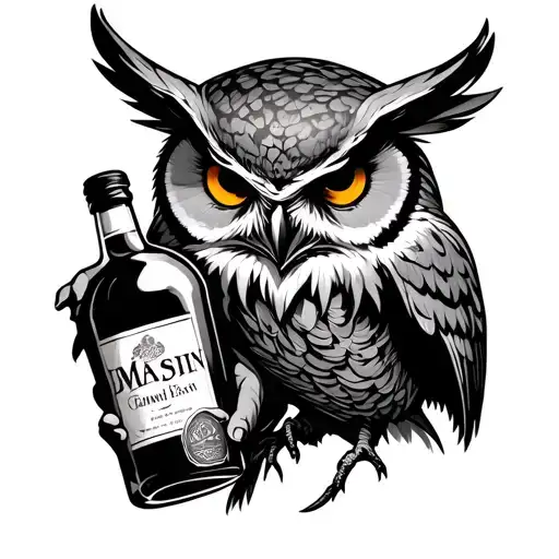Owl Holding Dead Demon Holding Liquor Bottle
