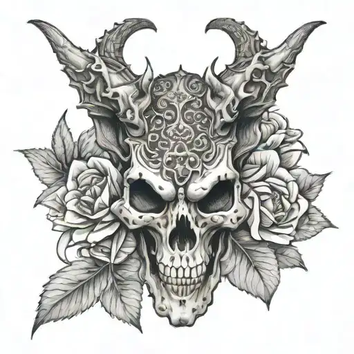 Four Horned Dragon Skull With Flowers Wrapped Around Horns