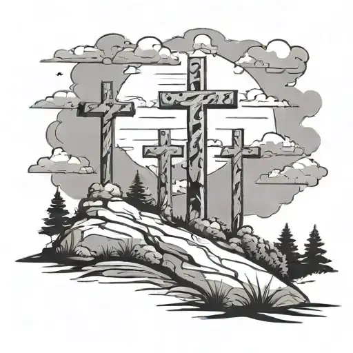 Three Crosses On A Hill With Clouds Black