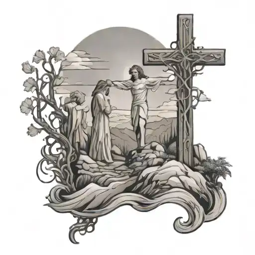 Three Crosses On A Hill With Jesus On The Middle On