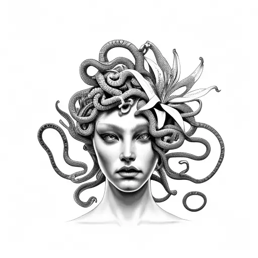 Medusa With Angry Snake Hair And Lillies