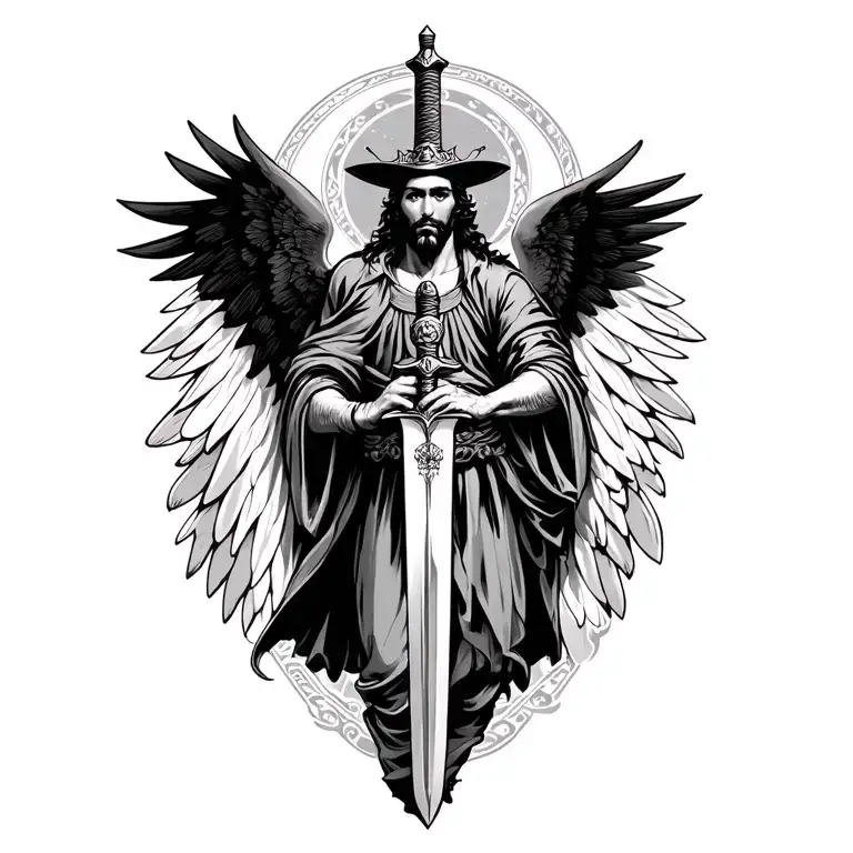 San Miguel Holding A Sword With His Wing Out