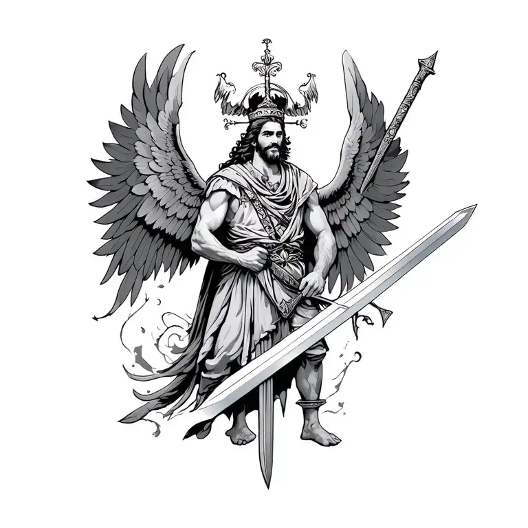 San Miguel Holding A Sword With His Wing Wide Open