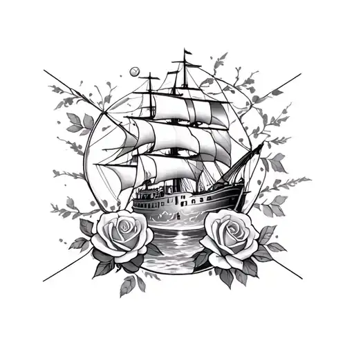 Ship In Broken Hour Glass With Roses