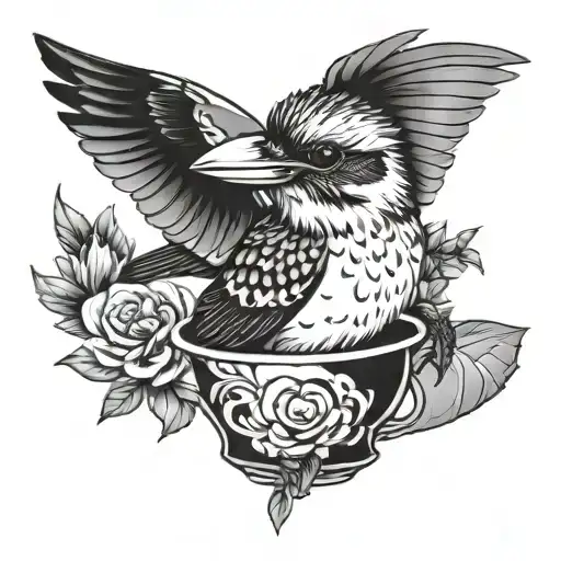 Kookaburra Sitting On Coffee Cup Filled Sky Reflected