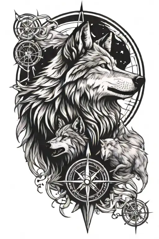 Wolf Howling At The Moon And Compass Design