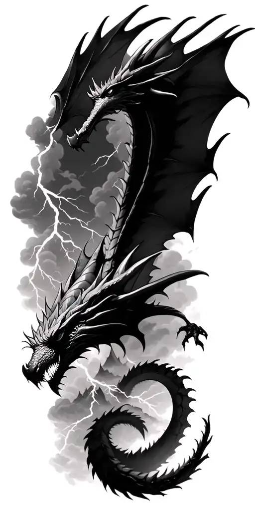 Dragon Flying Through Clouds And Mountains With Lightnings