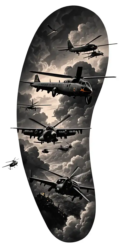 War Scene With Planes And Helicopters