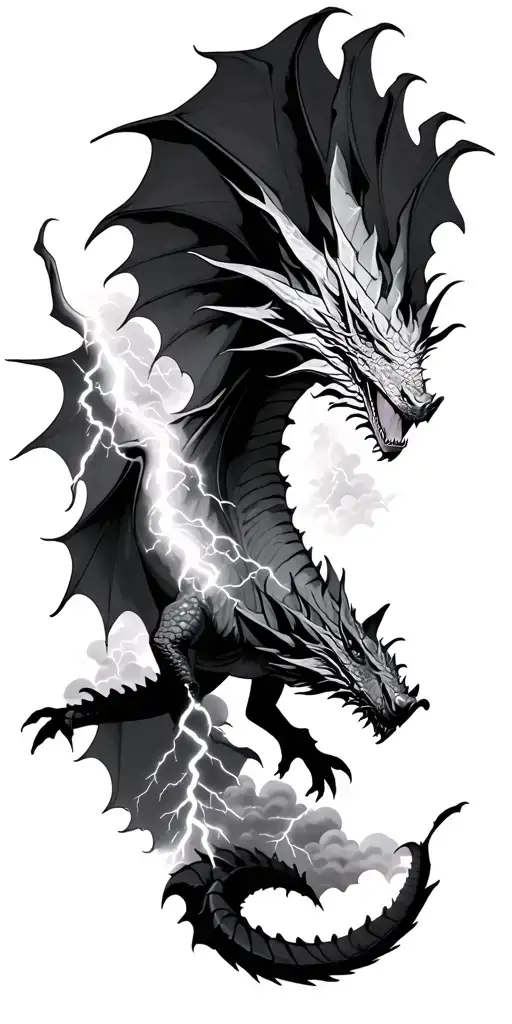 Dragon Flying Through Clouds And Hills In Realistic With Lightning Strikes