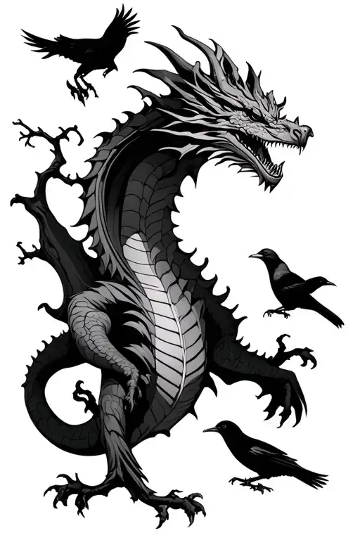 Dragon With A Poison Tree Beside It And A Couple Of Crows