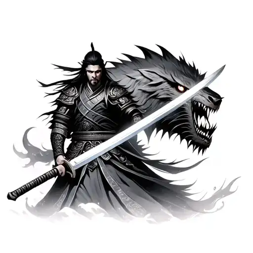 Samurai With A Sword With Glowing Eyes Facing A Beast Into Which Beast The Sword Will Be Thrust