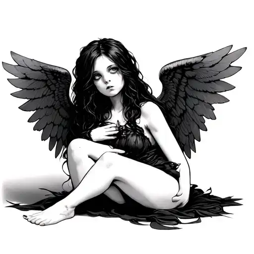 Gothic Girl Facing Forward Curled In A Ball With Knees To Her Chest Wrapped In Wings Looking Up
