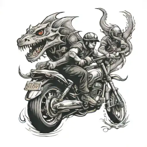 Father Riding A Motorcycle With His 3 Children As Dragonfish Swimming Around Them