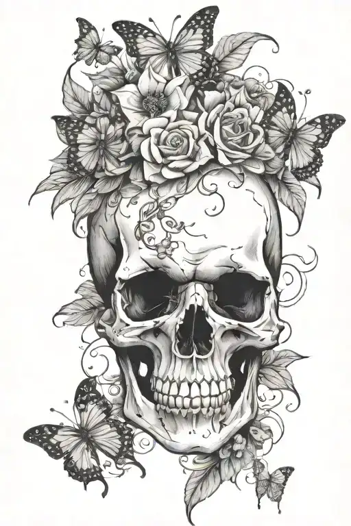 Skull And Flowers With Butterflies Surrounding