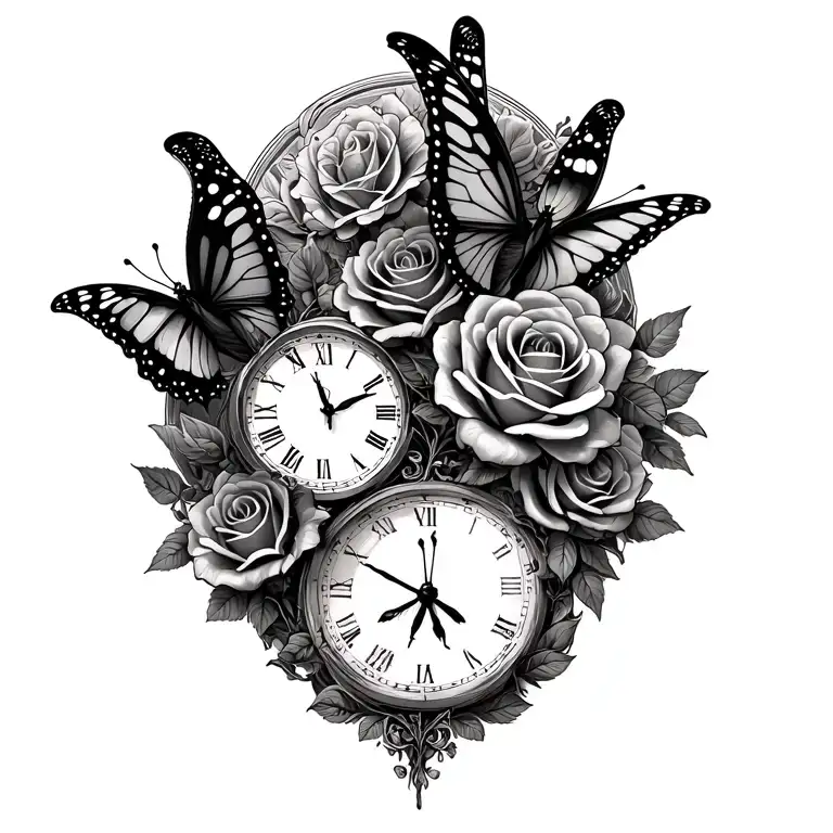 Butterflies With A Clock And Roses Wrapped Big Sleeve