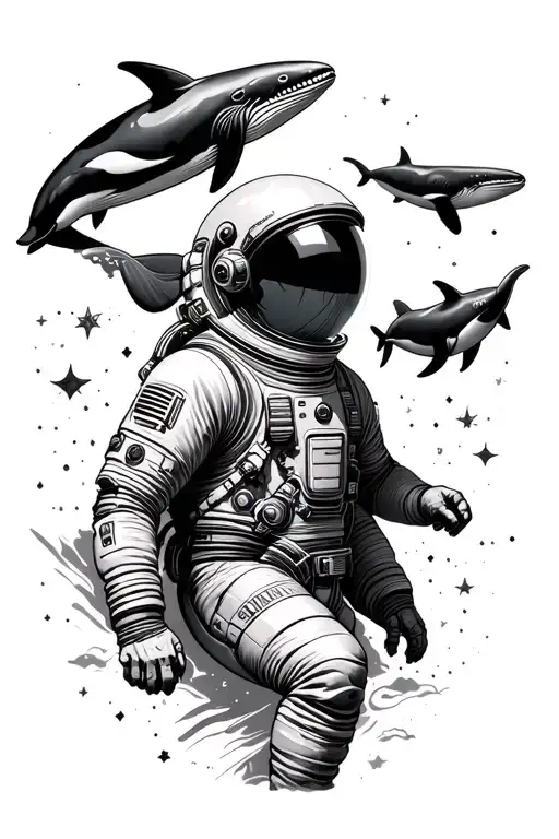 Man In A Space Suit In Space And Whales Floating Together