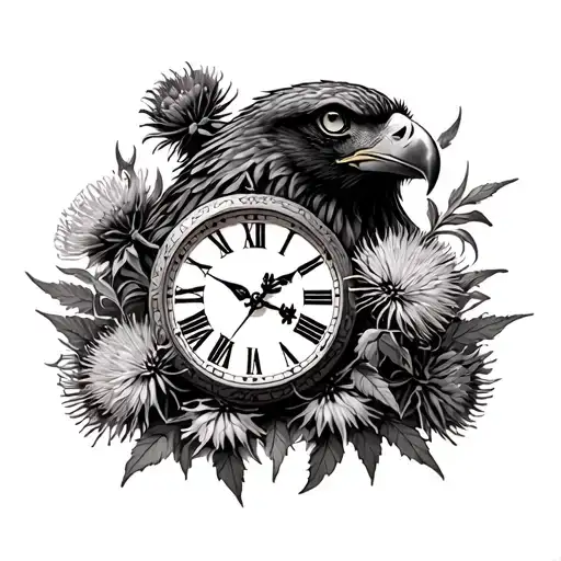 Clock Surrounded By Scottish Thistles And Golden Eagle