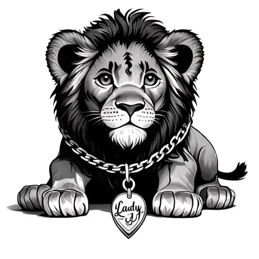 Baby Lion Wearing Chain With Hanging Pendant That Say Lady J