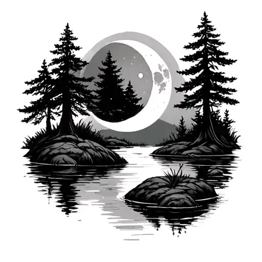 Pond In The Woods With A Moon