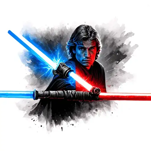 Anakin Skywalker's Lightsaber Changing From Blue To Red With A Background Of Both Jedi And Sith