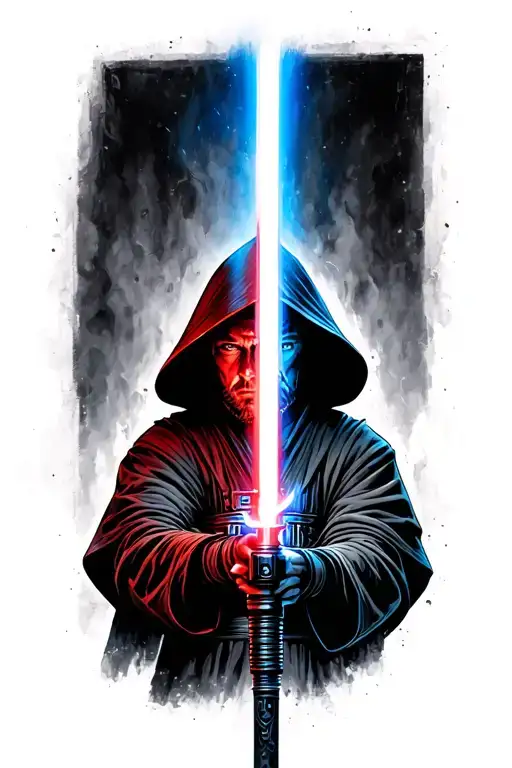 Anakin Skywalker's Lightsaber Changing From Blue To Red With A Background Of Both Jedi And Sith
