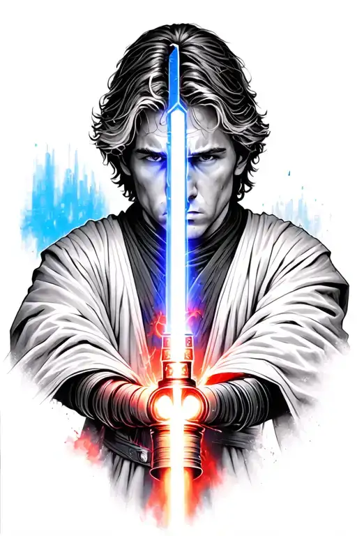 Anakin Skywalker's Lightsaber Changing From Blue To Red With A Background Of Both Jedi And Sith
