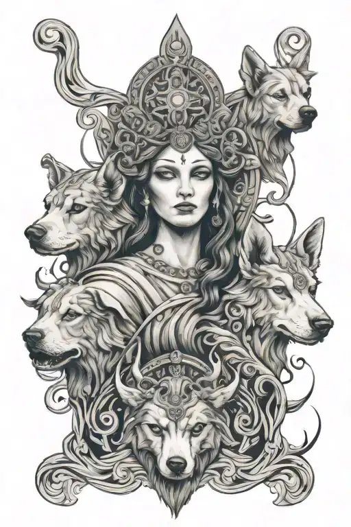 Hecate Godness Three Heads With Two Dogs